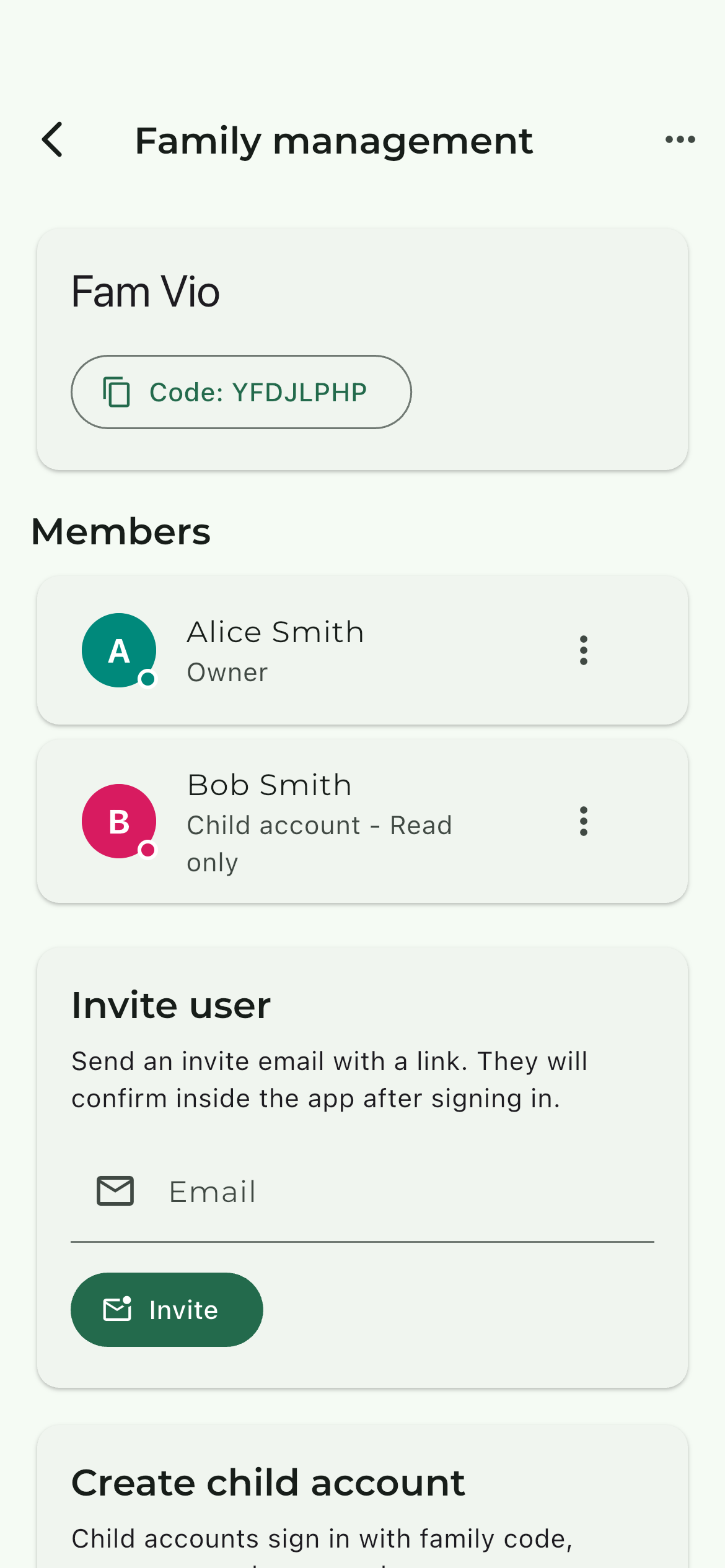FamVio family management screen
